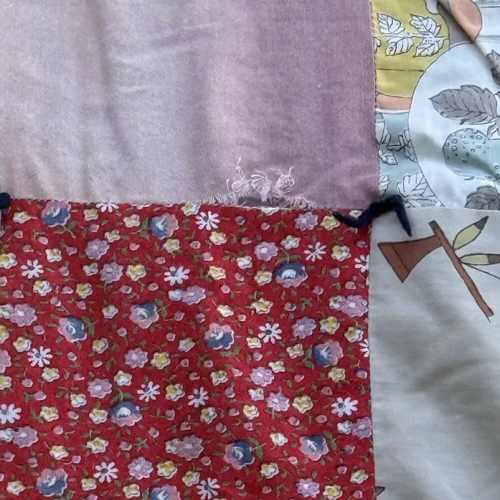 Vintage Handmade Patchwork Tied Quilt Blanket Multicolor 84x70 Throw Floral Blue